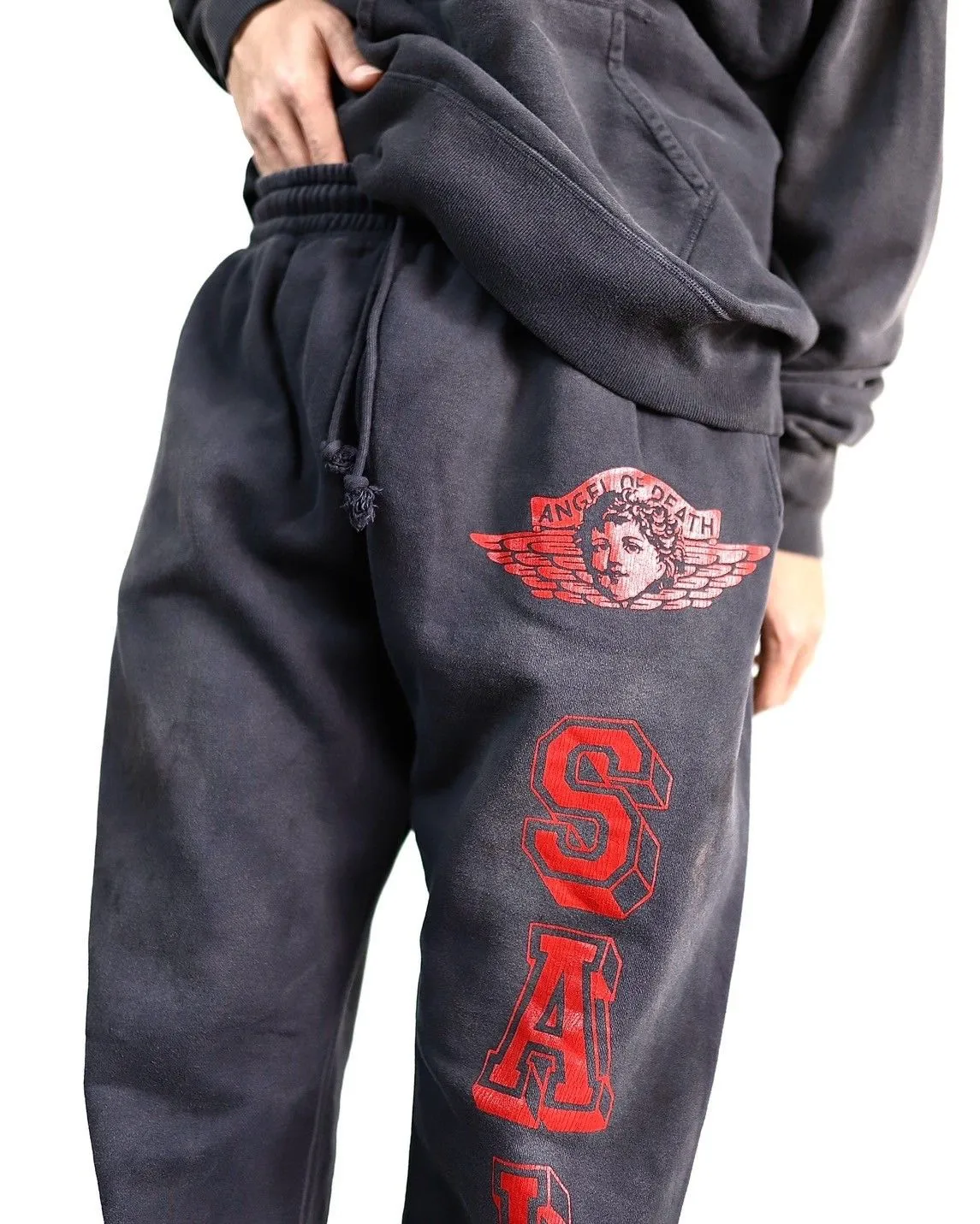 SAINT Mxxxxxx ANGEL SWEAT PANTS/BLK Angel Reborn Crack Print Distressed Sweatpants, Washed Black S-XL Assute Dyeing, Full Spray Fade, Heavy Fermentation Washing, Made with NEW VINTAGE Texture, Four Needles and Six Threads from the Factory, Boneless Patchwork, More Comfortable to Wear, Genuine Level Crack Print/Accessories Restored